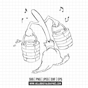 Puede incluir: Ilustración de dibujos animados en blanco y negro de una escoba que lleva dos cubos de agua. Notas musicales flotan sobre la escoba. La imagen incluye opciones de tipo de archivo: SVG, PNG, JPEG, DXF, EPS y una dirección de sitio web.
