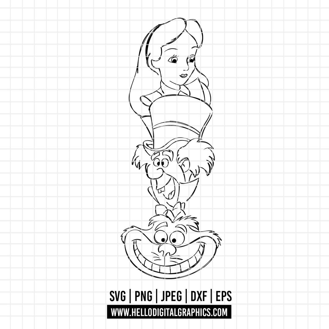 2008 - Alicee in Wonderland Characters SVG, EPS, PNG - Cheshire Cat Clipart Vector. Alice and Mad Hatter Outline. Disneyy Wonderland Dtf - Etsy Canada