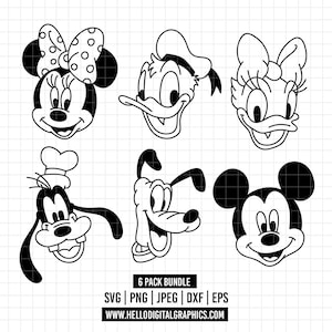 May include: Black and white line art illustrations of six Disney characters: Mickey Mouse, Minnie Mouse, Donald Duck, Daisy Duck, Goofy, and Pluto. The characters are all smiling and looking to the right. The illustrations are simple and cartoonish.