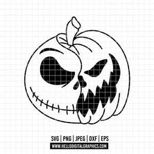 May include: Black and white Halloween-themed graphic of a carved pumpkin with a sinister face. The pumpkin has a jagged mouth, stitched smile, and a stem. The image includes the file types: SVG, PNG, JPEG, DXF, and EPS, along with a website address.