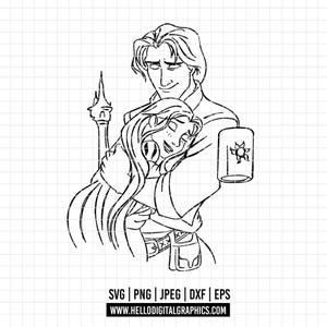 May include: Black and white line art of a couple embracing, with a tower and a lantern. The woman is leaning on the man's shoulder. The lantern has a sun design. The image includes the text "SVG | PNG | JPEG | DXF | EPS" and "WWW.HELLODIGITALGRAPHICS.COM".