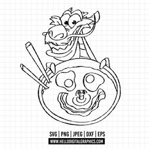 3271 - Mushu the red dragon of Muulan eating outline SVG, PNG, EPS - Mushu the red dragon clipart vector. Mushu Line art. Mushu of Disneey.