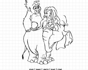 3270 - Tarzan, Tantor and terk SVG, PNG, EPS -Disneyy Tarzan characters sketc clipart vector. Tarzan Line art svg. Jungle friends/adventures