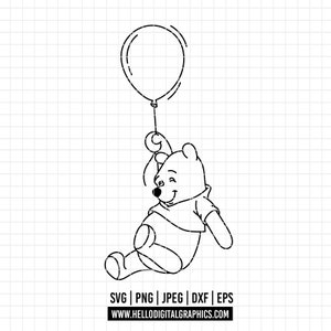 1731 - Winnie l'ourson et ses aventures SVG, PNG, EPS - Winnie l'ourson dessin au trait/vecteur clipart contour. Winnie l'ourson Voler en montgolfière.