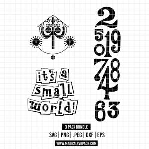 May include: A black graphic design on a white grid background featuring a stylized clock face icon, the text "it's a small world!" in a blocky font, and a vertical column of the numbers 2, 5, 19, 7, 4, 8, 6, and 3. Includes 3 PACK BUNDLE text.