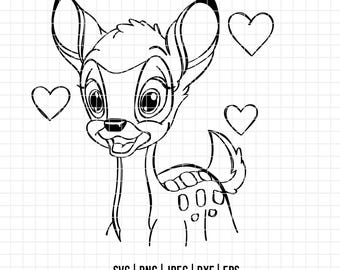 2044 - Bambii en sus increíbles aventuras en blanco y negro, arte lineal SVG, EPS, PNG - Bambii contorno, silueta clipart vector. Bambii amor.