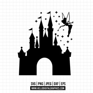 May include: Black silhouette of a fairytale castle with a fairy flying above it, surrounded by stars. The castle has a large archway and multiple towers. The fairy is holding a wand and has wings and a flowing dress.