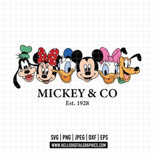 May include: A colorful illustration of Mickey Mouse, Minnie Mouse, Donald Duck, Daisy Duck, Goofy, and Pluto. The characters are arranged in a row, with Mickey Mouse in the center. The text "MICKEY & CO Est. 1928" is below the characters.
