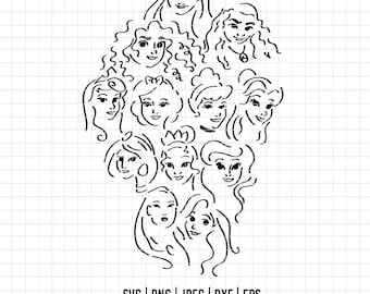 3446 - Disneyy Classic princess SVG,PNG,EPS - Disneyy Classic Princess outline clipart vector. Disneyy princess line art svg. Moana, Jasmine