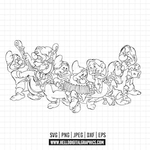 1872 - Snow white and the seven dwarfs outline SVG, PNG, EPS - The seven dwarfs clipart vector. Dopey, Grumpy, Happy, Doc, Sneezy, Sleepy