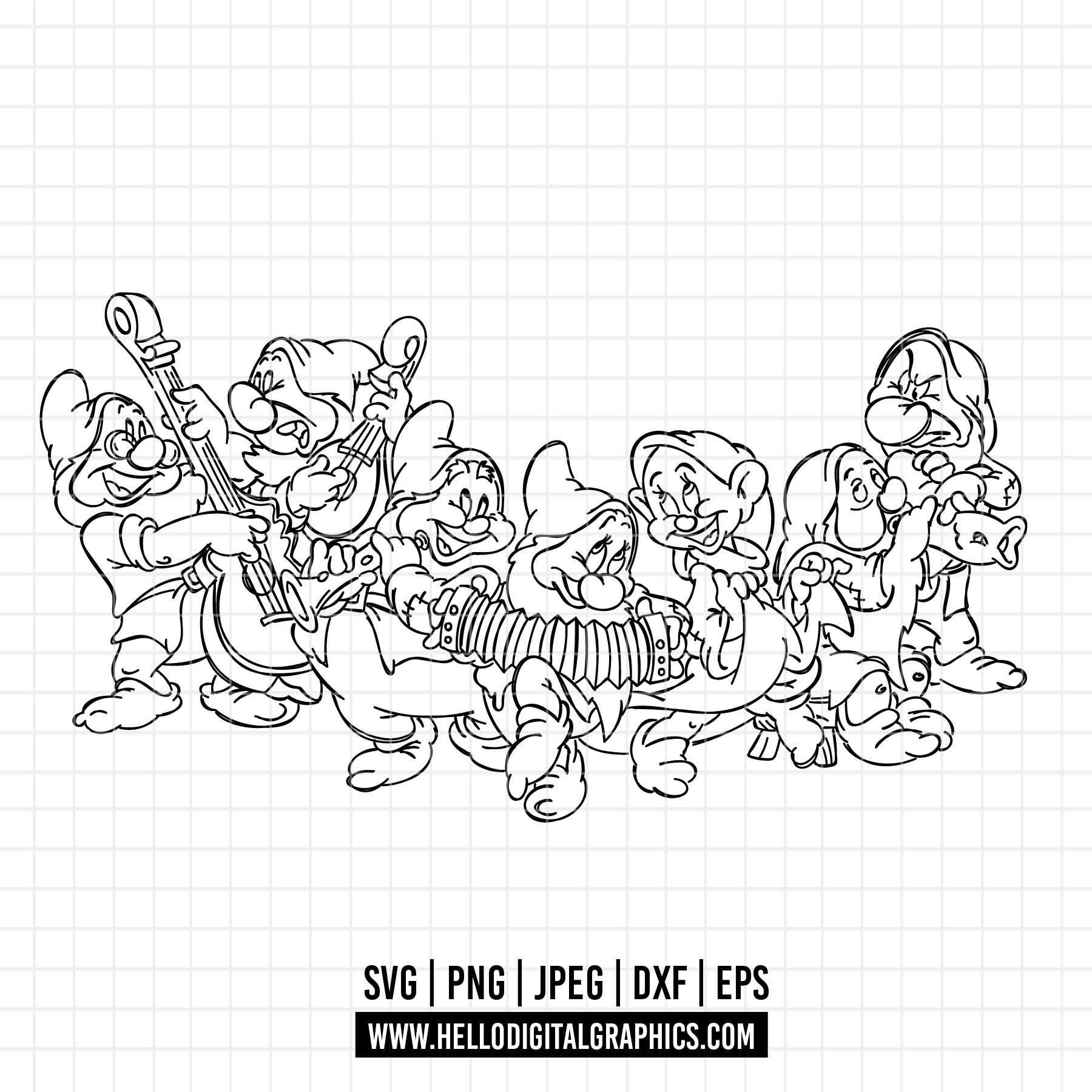 1872 - Snow White and the Seven Dwarfs Outline SVG, PNG, EPS - the
