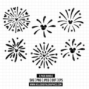 Pode incluir: Seis imagens em silhueta preta e branca de fogos de artifício com uma cabeça do Mickey Mouse no centro de cada fogo de artifício. O texto "6 PACK BUNDLE" está na parte inferior da imagem. Abaixo do texto está "SVG | PNG | JPEG | DXF | EPS" e "WWW.HELLODIGITALGRAPHICS.COM".