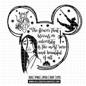 May include: Black and white digital illustration of a Mickey Mouse head silhouette with a quote inside. The quote reads "The flower that blooms in adversity is the most rare and beautiful of all". The illustration also includes a dragon, a woman with long black hair, and a person flying through the air.