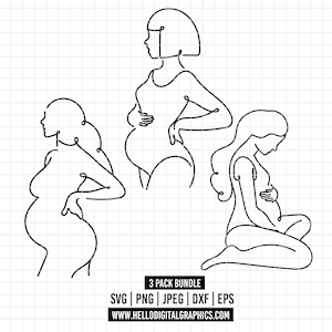 1809 - Pacote de silhuetas de maternidade minimalistas SVG, EPS, PNG - contorno/ clipart vector. Maternity Sketch Line Art Design. Mulher grávida.