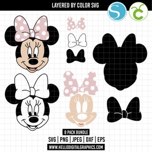 1642 - SVG en capas, Minnie Mouse svg, clipart de Minnie Mouse, Minnie Mouse en capas por color svg, silueta dxf, archivo vectorial de Minnie Mouse