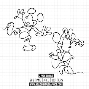 1840 - Paquete de arte lineal de Mickey y Minnie Mouse SVG, EPS, PNG. Paquete de contorno de Disneyy Love's, clipart vectorial. Mickey y Minnie Love svg.