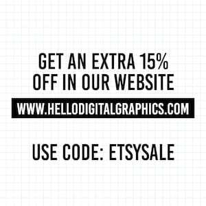 May include: White background with a grid pattern. The text "GET AN EXTRA 15% OFF IN OUR WEBSITE" is displayed in black. Below this, a black rectangle contains the website address. The text "USE CODE: ETSYSALE" is below the rectangle.