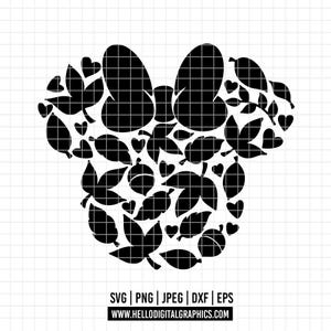 May include: Black and white silhouette of a Mickey Mouse-shaped design made up of leaves and hearts. The design is perfect for crafting projects, scrapbooking, and more.