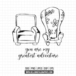 Könnte beinhalten: Eine Schwarzweiß-Zeichnung von zwei Stühlen mit dem Text "you are my greatest adventure" darunter.