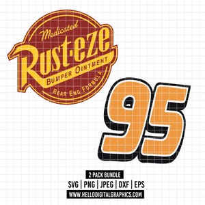 Puede incluir: Dos gráficos digitales: un emblema circular con el texto "Rusteze Bumper Ointment" y el número "95" en un diseño naranja y negro. El emblema es rojo y amarillo. La imagen incluye opciones de tipo de archivo y una dirección web.