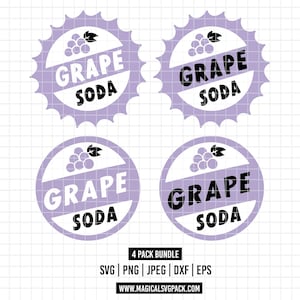 May include: Four circular designs featuring a grape cluster icon and the text GRAPE SODA. Two designs have a jagged bottle cap edge, and two have a smooth circular edge. The text and graphics appear in both white and black on a light purple background.