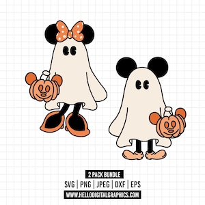 1554 - Lot Disney Paire de souris pour Halloween SVG, EPS, PNG - Mickeyy Des bonbons ou un sort, fantôme. Image vectorielle clipart Disneyy Minnie halloween