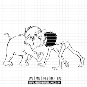 3459 - Mowgli and Hathi Jr. silhouette SVG, EPS, PNG - Classic disney characters clipart vector. The Jungle Book line art. The Jungle Book.