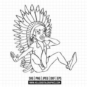 3398 - Peter Pan with an Indian headband SVG, PNG,EPS - peter pan clipart vector. Peter Pan outline art Peter Pan dtf. Disneey dtf. Disneey.