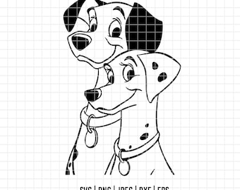 May include: Black and white line art of two Dalmatian dogs, one embracing the other. The dogs are wearing collars with tags. The image includes file type icons and the website address: www.hellodigitalgraphics.com.