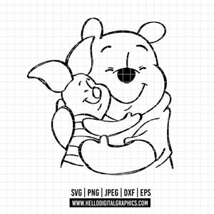 2059 - Winnie l'ourson avec porcelet SVG, PNG, EPS - Winnie l'ourson contour vectoriel clipart, dessin au trait. Winnie l'ourson et ses amis.