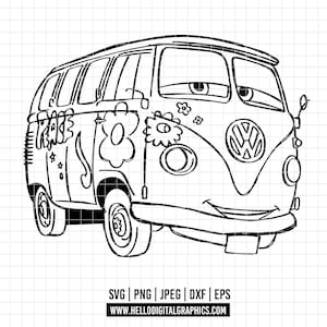 2067 - Fillmore Cars line art SVG, PNG, EPS - Cars Movie, Fillmore Clipart vector. Cars Characters svg - png. Fillmore, hippie van clipart.