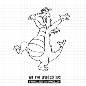 Op de afbeelding: Een zwart-witte lijntekening van een cartoon-draak met zijn bek open en zijn armen uitgestrekt. De draak heeft een gestreept lichaam en een lange staart.