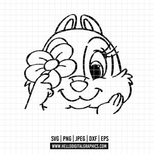 May include: Black and white line art illustration of a cartoon bunny holding a flower. The bunny has large eyes and a cute expression.
