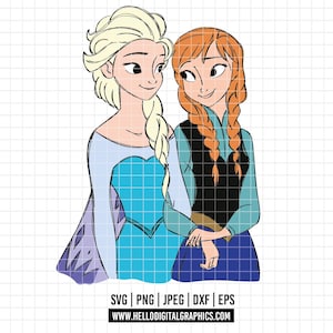 2558 - Prinses Elsa en Anna full colour SVG, PNG, EPS - Disneyy Princess Frozen schets clipart vector. Bevroren Lineart. Iconische Disney-zussen