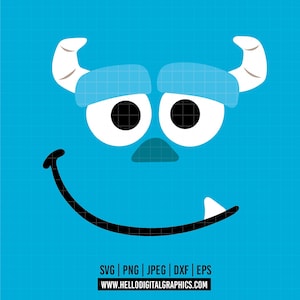 May include: A cartoon face on a blue grid background. The face features large white eyes with black pupils, a small blue nose, and a wide smile with a single tooth. Two white horns and blue eyebrows complete the design. The bottom of the image has the text "SVG | PNG | JPEG | DXF | EPS" and "WWW.HELLODIGITALGRAPHICS.COM".