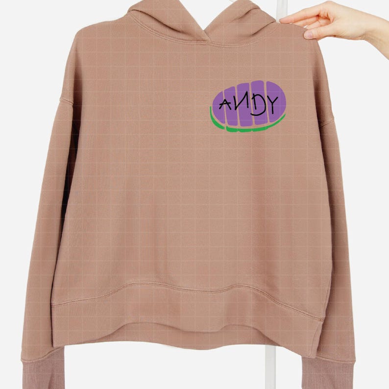 May include: A brown hooded sweatshirt with a purple and green graphic of a pizza slice with the word "ANDY" written on it.