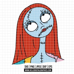Puede incluir: Una ilustración de dibujos animados de Sally de The Nightmare Before Christmas. Sally tiene la piel azul pálido, cabello rojo y puntadas en la cara y el cuerpo. La imagen incluye el texto "SVG | PNG | JPEG | DXF | EPS" y "WWW.HELLODIGITALGRAPHICS.COM".