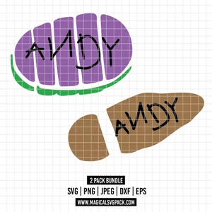 Puede incluir: Un diseño gráfico digital que presenta dos ilustraciones de huellas de zapatos. La huella superior es morada con un contorno verde, y la inferior es marrón. Ambas huellas incluyen el nombre ANDY escrito en letras negras de estilo manual.