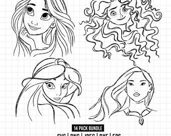 1674 - Disneyy Classic princess sketch pack bundle SVG,PNG,EPS-Disneyy Classic Princess outline clipart vector.Disneyy princess line art svg