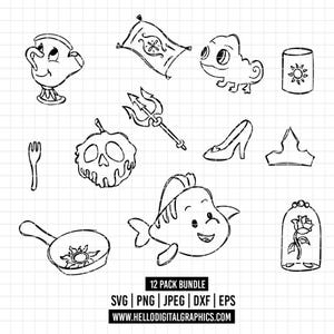 May include: A set of 12 black and white line art Disney princess character illustrations. The illustrations include a magic lamp, a magic carpet, a chameleon, a fork, a poisoned apple, a trident, a glass slipper, a crown, a frying pan, a fish, a rose in a glass dome, and a teacup.