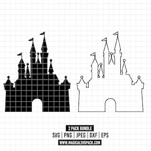 May include: A digital graphic showing two castle silhouettes, one solid black and one outlined, against a white grid background. Below the castles, text reads 2 PACK BUNDLE, SVG | PNG | JPEG | DXF | EPS, and WWW.MAGICALSVGPACK.COM.