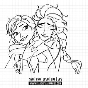 3372 - Princess Elsa and Anna SVG,PNG,EPS - Disneyy Princess Frozen sketch clipart vector. Frozen Lineart. Iconic Disneey sisters. Elsa svg