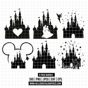 1835 - Disney Castle Magic Kingdom-pakketbundel SVG, EPS, PNG- Disney Castle-overzicht clipartvector. Magisch kasteel lijntekeningen svg pack bundel.