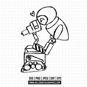 May include: Black and white line art illustration of a robot with a drill arm and a large head. The robot is in a playful pose with its head tilted and a heart above it.