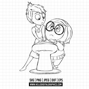 3263 - Alegría y Tristeza SVG, EPS, PNG - Emociones Disney, Intensa-Mente 2 Clipart Vectorial SVG, nuevos personajes, alegría, tristeza. Riley, emociones, arte lineal.