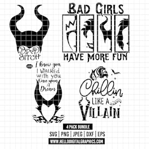 1812 - Paquete de villanos de Disney SVG, EPS, PNG - las chicas malas se divierten más Clipart Vector - mala perra svg - silueta de villanos.
