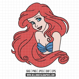 2042 - Princesa La Sirenita en arte lineal a color SVG, PNG, EPS - Vector de imágenes prediseñadas de contorno de la princesa Ariel de Disney. La Sirenita dtf/ clipart