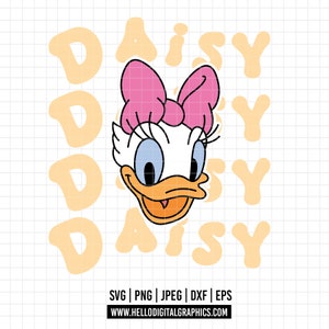 1619 - デイジーダックの言葉 SVG、EPS、PNG - マジックキングダムのディズニーキャラクターのクリップアートベクター。デイジーダックの顔と名前は色付きSVGで
