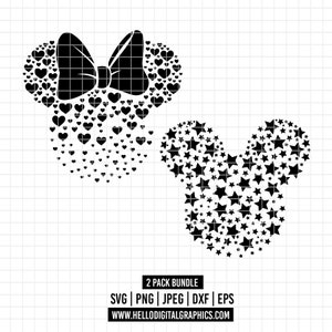 1807 - Mickey en Miinnie sterren en harten ontwerppakketbundel SVG, EPS, PNG- Magische Miinnie en Mickey ster/hartontwerpen Clipart Vector.