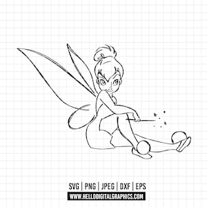 May include: Black and white line art illustration of Tinkerbell, a fairy with wings, sitting with a wand and a pixie dust jar.